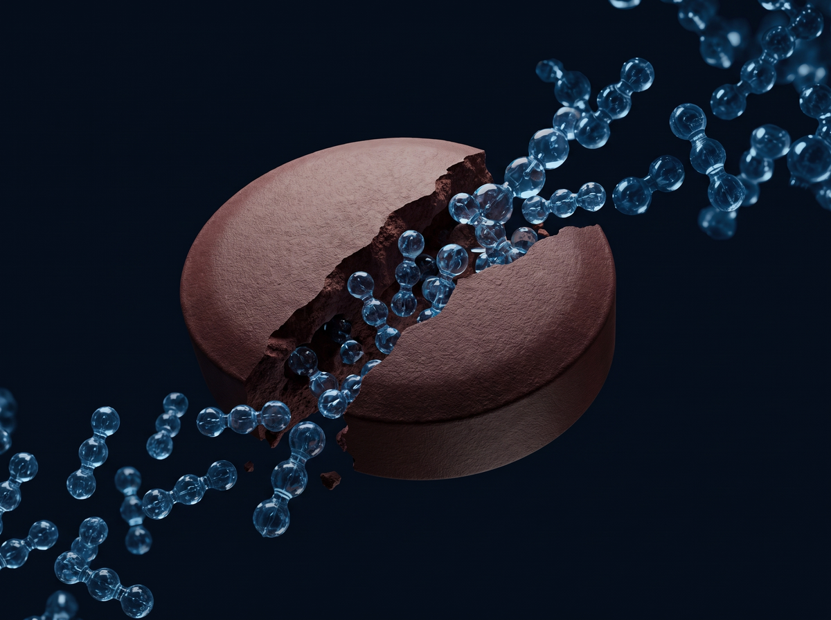Illustration of a Recov tablet breaking into small amino acid chains
