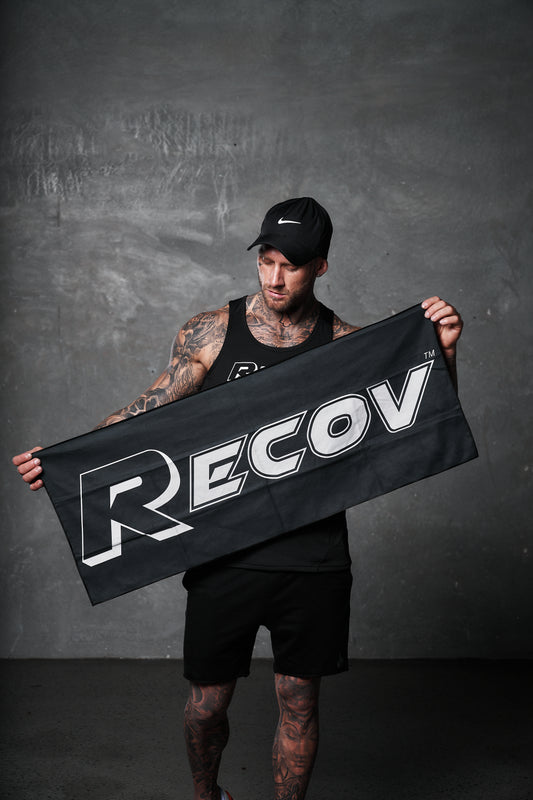 Black Recov Ultra Sports Towel with white Recov logo
