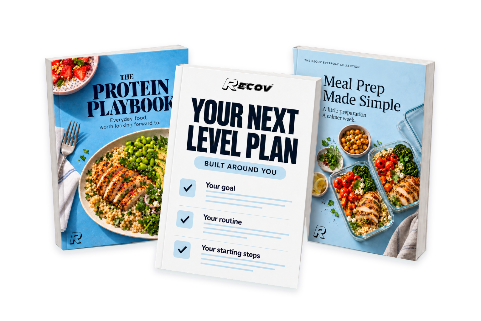 Your Next Level Plan, The Protein Playbook and Meal Prep Made Simple guides