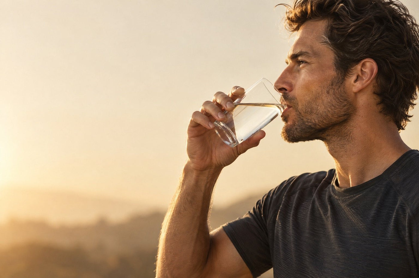 Man drinking a glass of water at sunrise