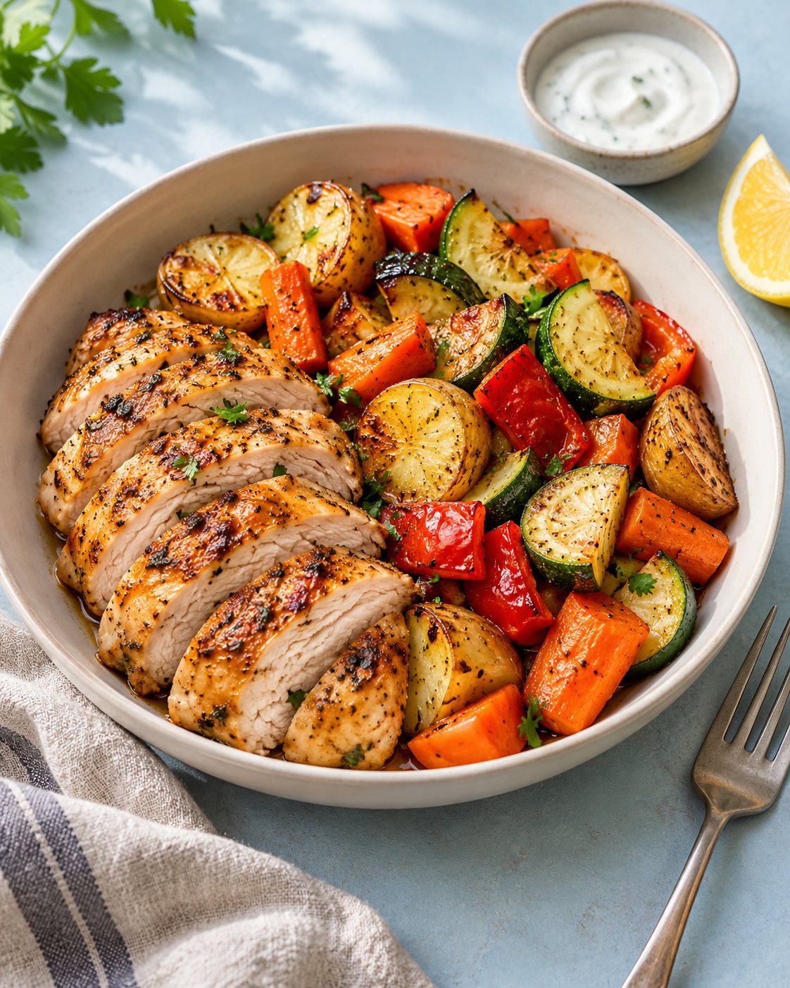 Chicken and roast vegetable bowl