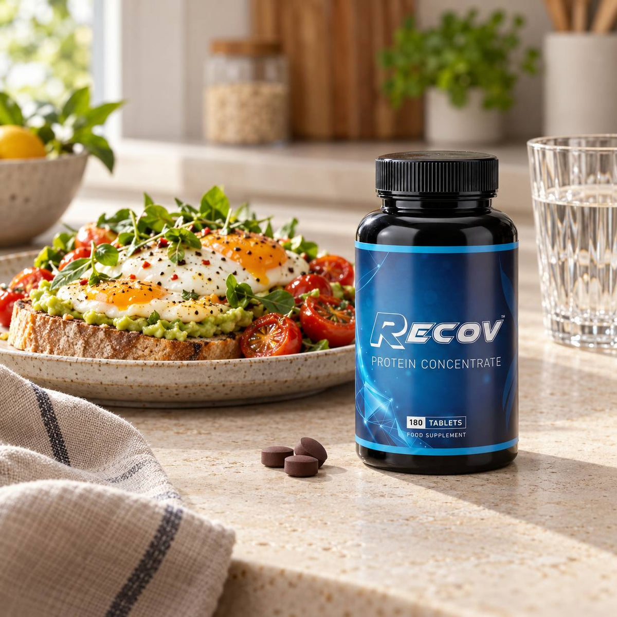 Recov bottle next to a breakfast plate