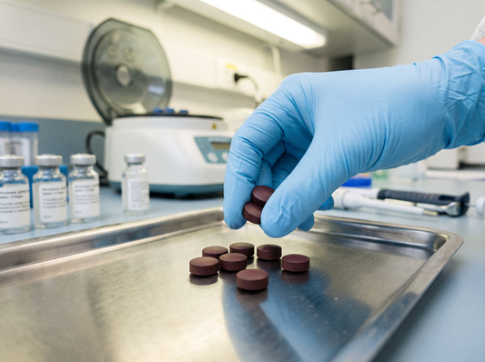 A gloved hand placing Recov tablets on a lab tray