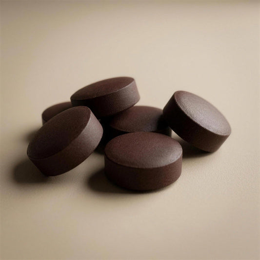 Close-up of Recov protein tablets on a light surface