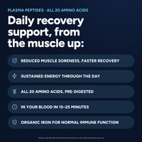 Daily recovery support: reduced muscle soreness, sustained energy, all 20 amino acids pre-digested, in your blood in 15–25 minutes, organic iron for normal immune function