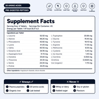 Supplement facts: 20 amino acids and organic iron per tablet
