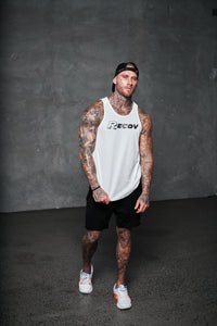 Recov Active Singlet in white with black shorts