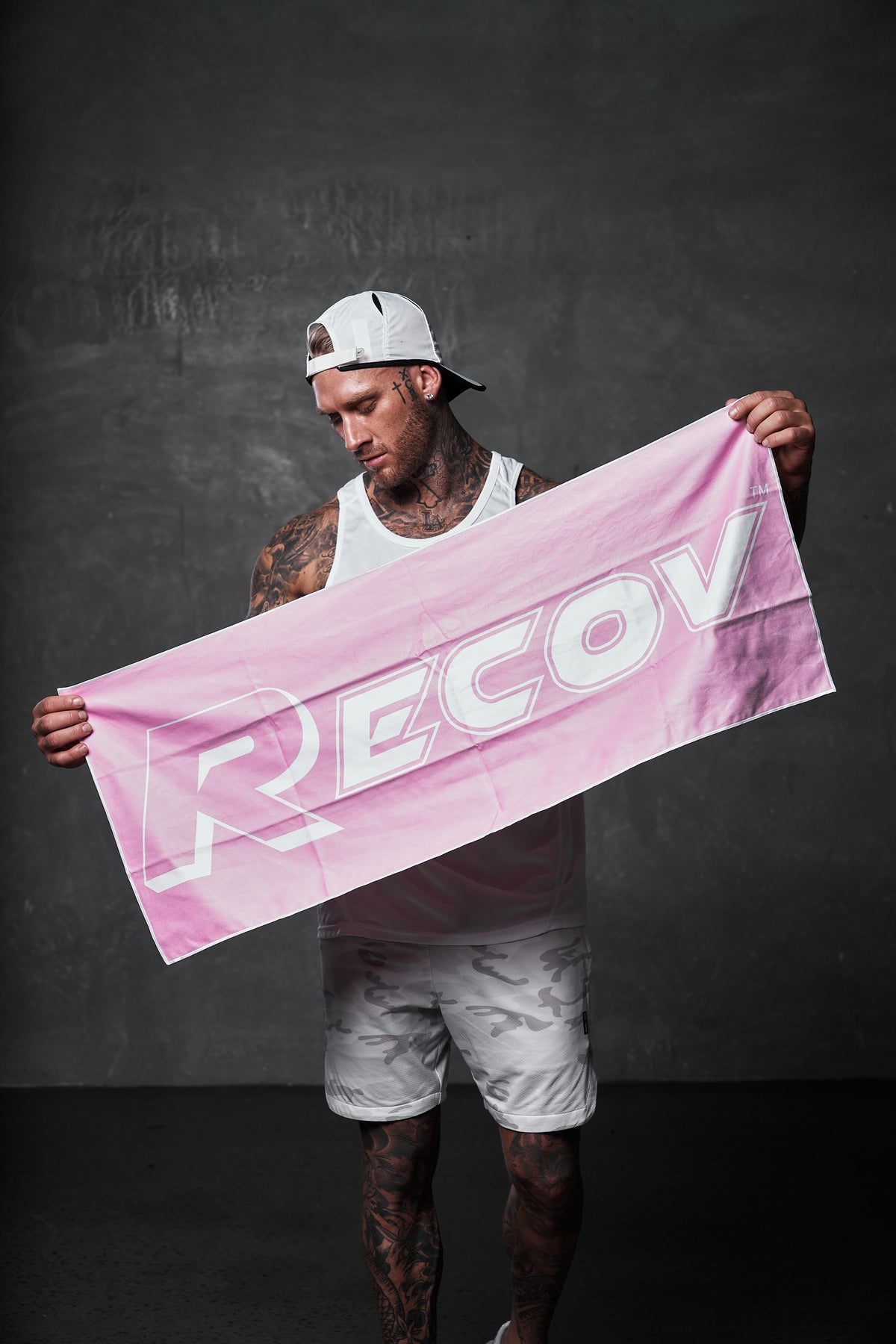 Pink Recov Ultra Sports Towel with white Recov logo