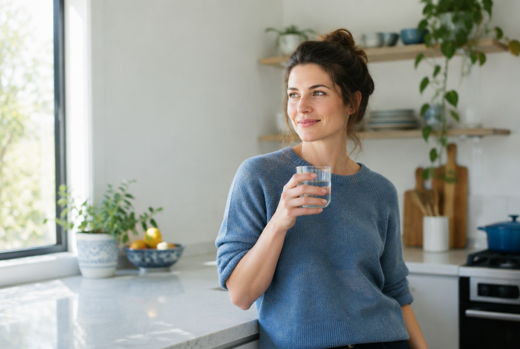 Everyday person at home with a glass of water
