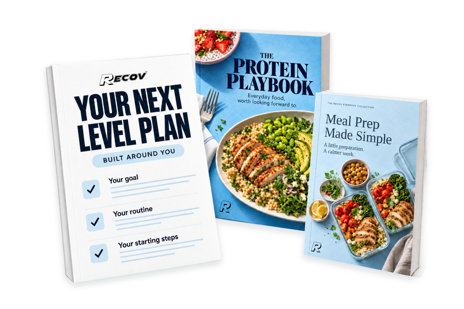 Your Next Level Plan, The Protein Playbook and Meal Prep Made Simple guides