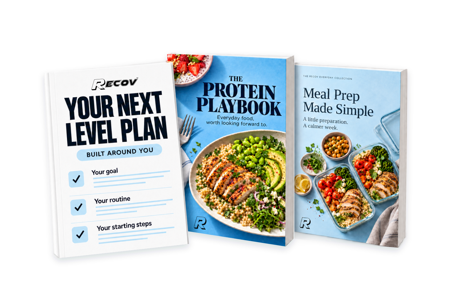 Your Next Level Plan, The Protein Playbook and Meal Prep Made Simple guides