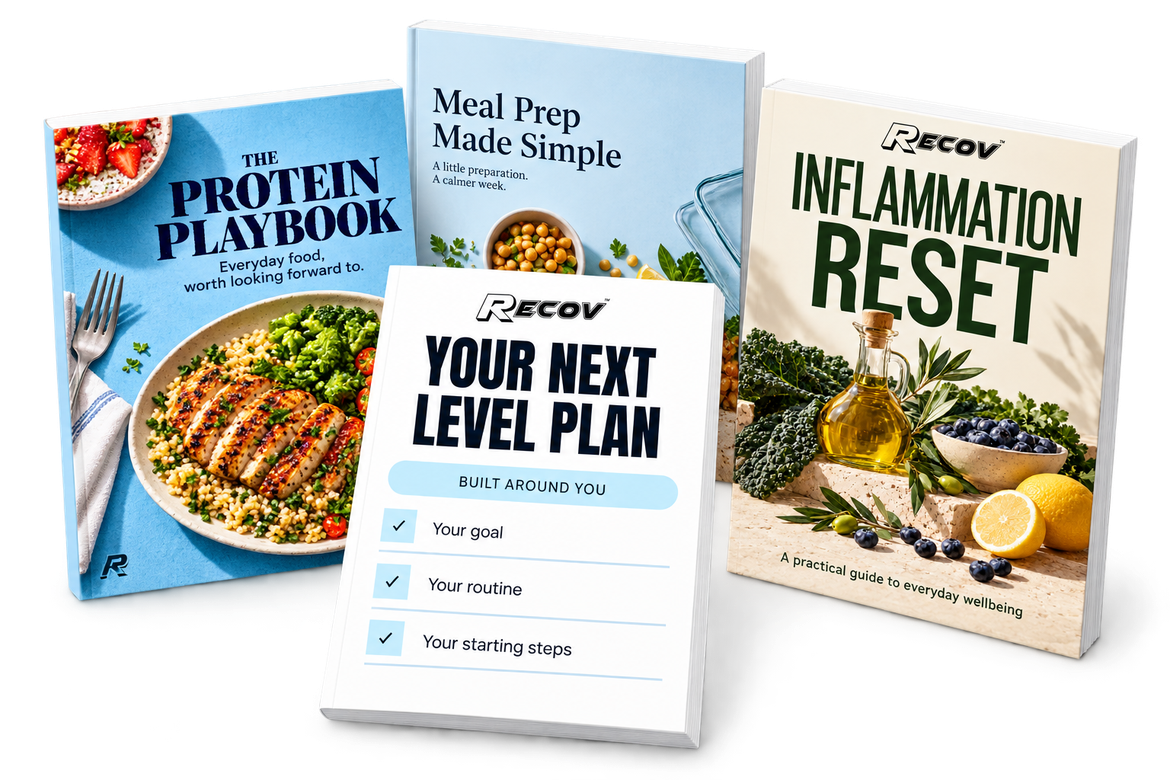 Your Next Level Plan, The Protein Playbook, Meal Prep Made Simple and The Inflammation Reset guides