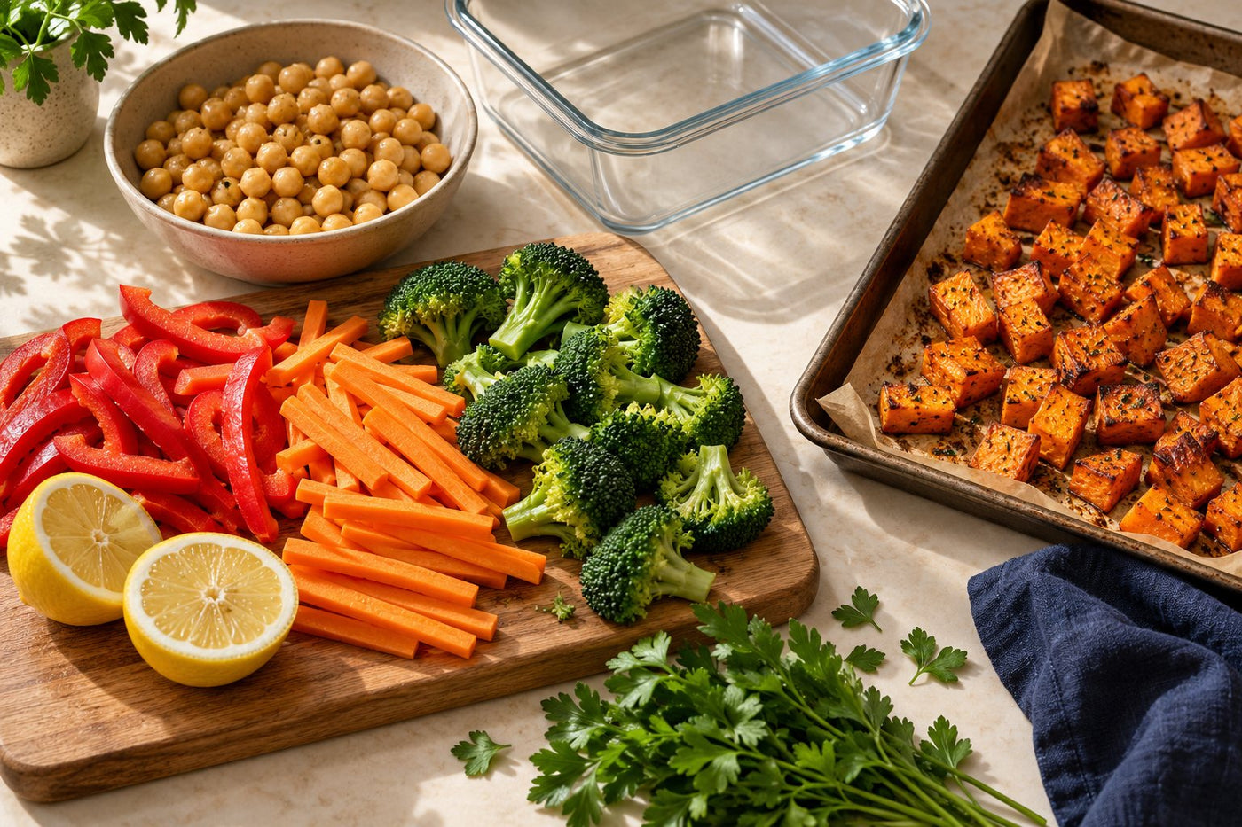 Vegetables and chickpeas prepped on a board