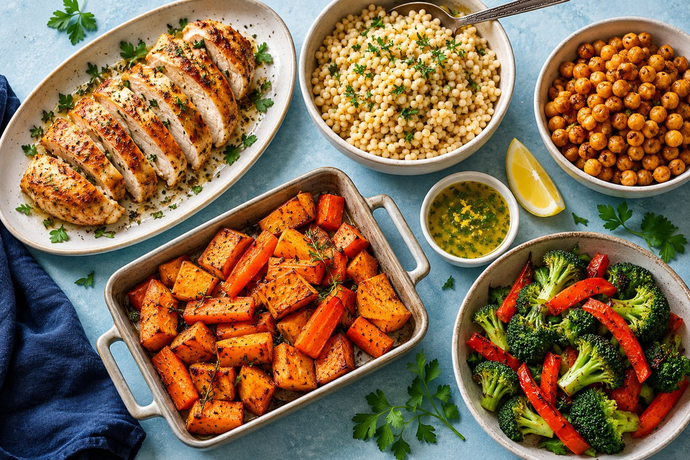 Chicken, grains and vegetables