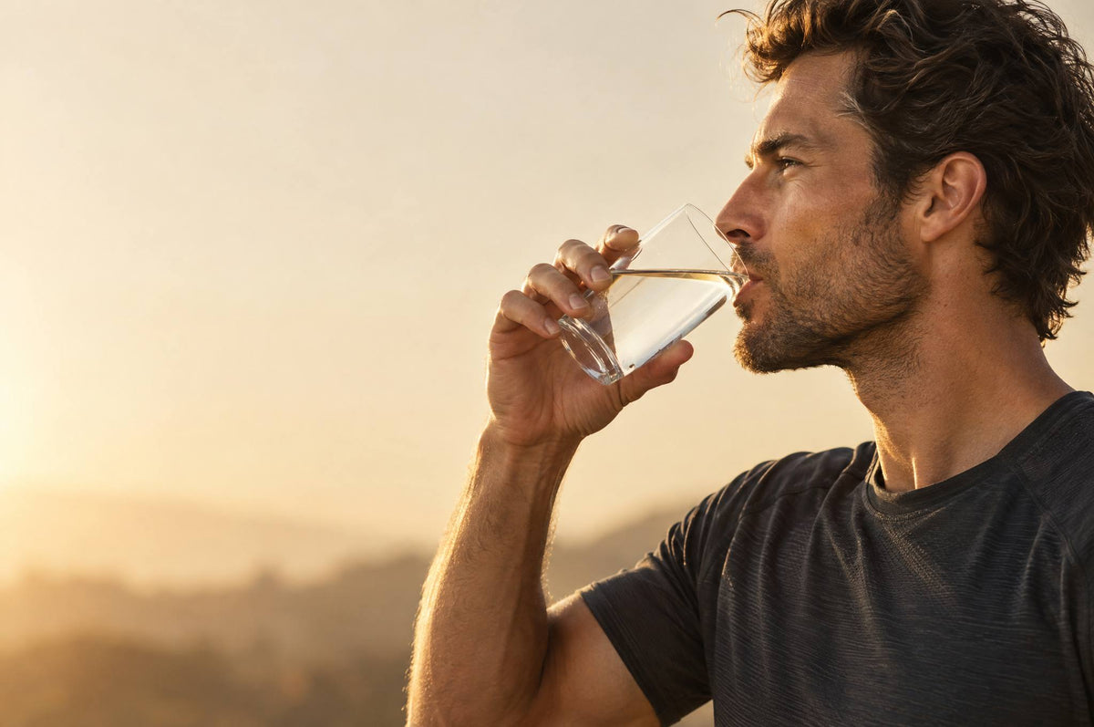 Man drinking water at sunrise